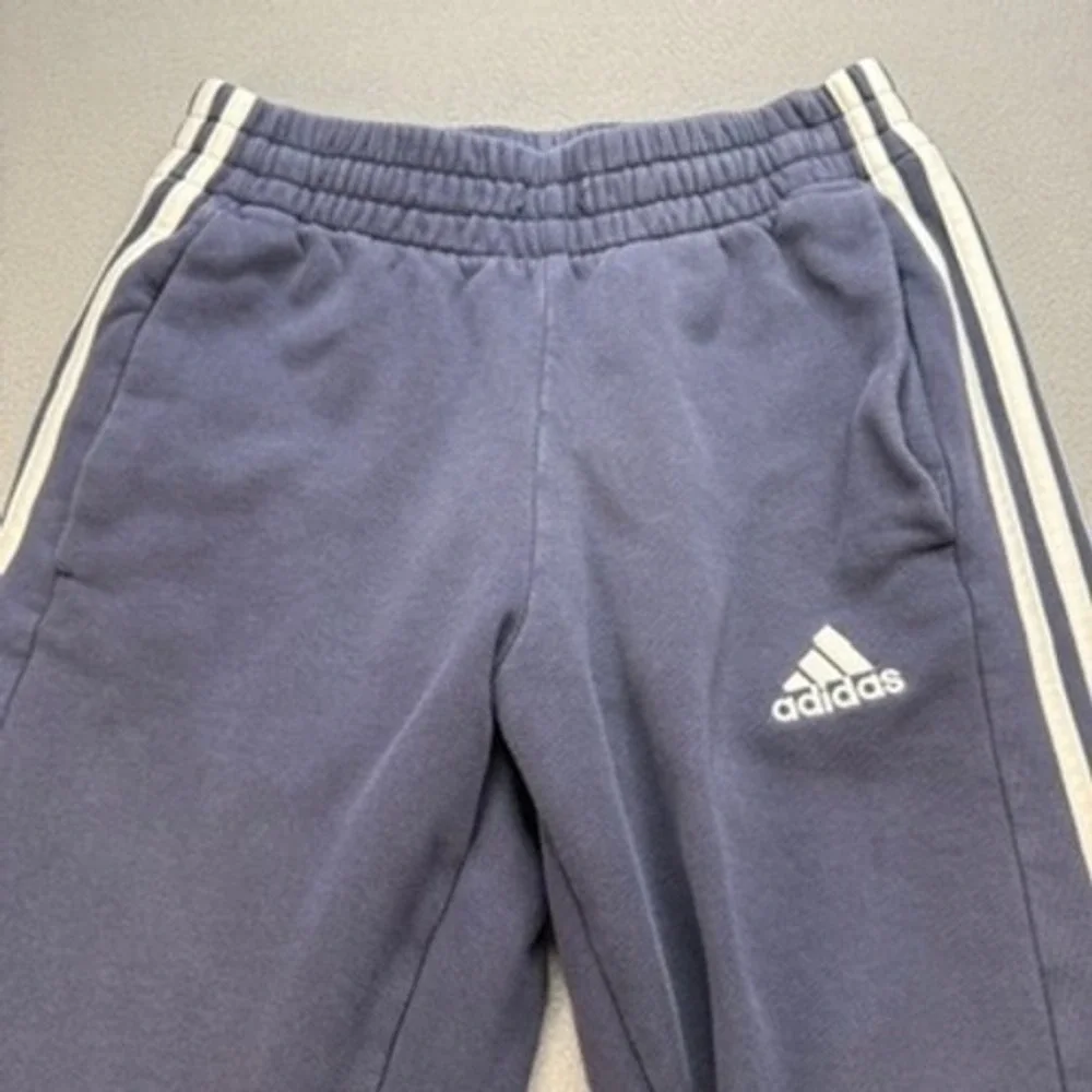 Adidas 3 Stripe Sweatpants Joggers Tapered Small Navy Blue White Fleece Mens